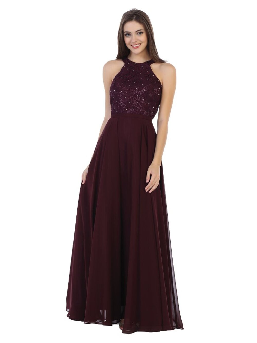 Cindy #1557 Chiffon & Lace Formal Evening Bridesmaid Gown-Size S-PLUM-NWT
